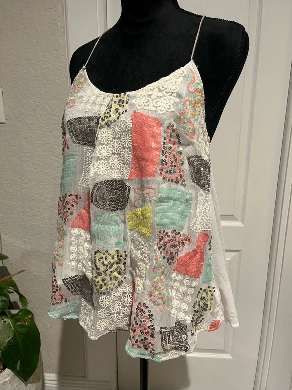 Boho Embroidered Spaghetti Strap Top in White with Coral & Mint